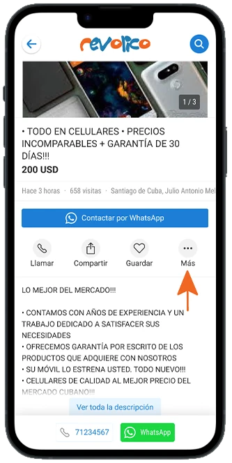 Pantalla de un anuncio en Revolico con la opción Más señalada
