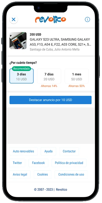 Pantalla para elegir la duración del destacado