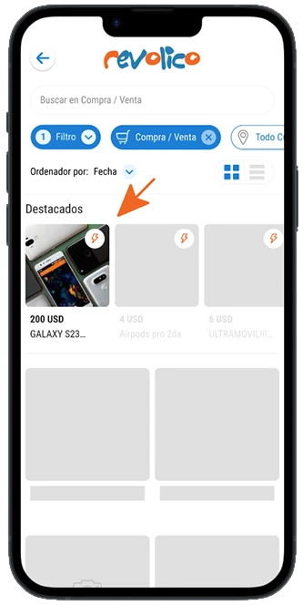 Pantalla de Revolico mostrando la zona Destacados al inicio de la categoría Compra / Venta
