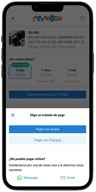 Pantalla para elegir el método de pago